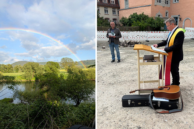 Rechts: Information und Gebet an einem der „verletzten Orte", mit Stadtarchivar Stefan Schäfer (li.) und Pastor Ernst-Ulrich Göttges. Fotos: H.Dobers / priv.
